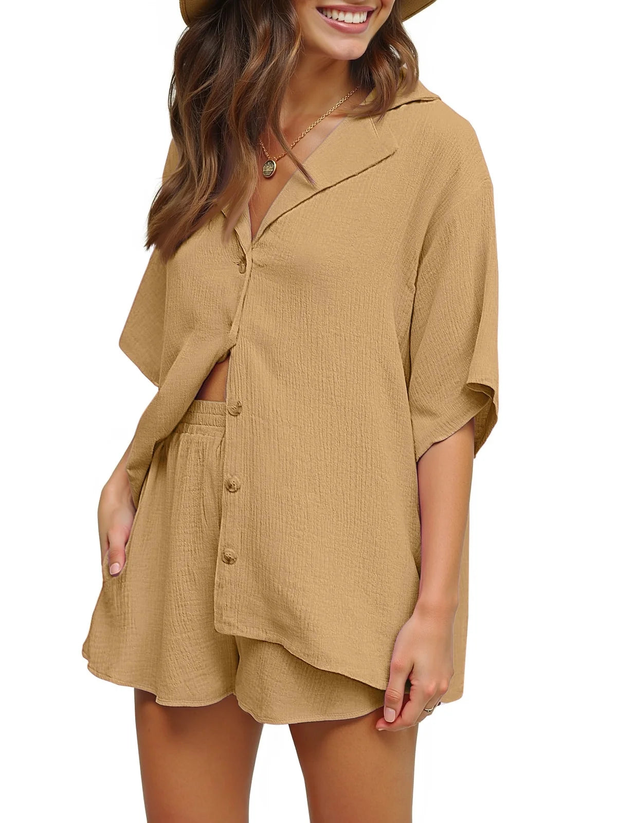 2 Piece Womens Outfit Sets Button down Shirts and Shorts Casual Lounge Sets Short Sleeve Pajamas Sets Summer Loungewear