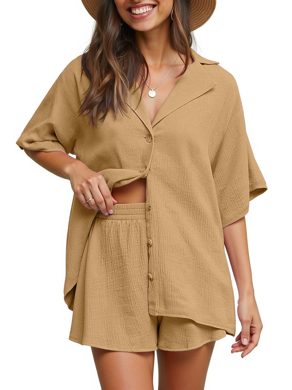 2 Piece Womens Outfit Sets Button down Shirts and Shorts Casual Lounge Sets Short Sleeve Pajamas Sets Summer Loungewear