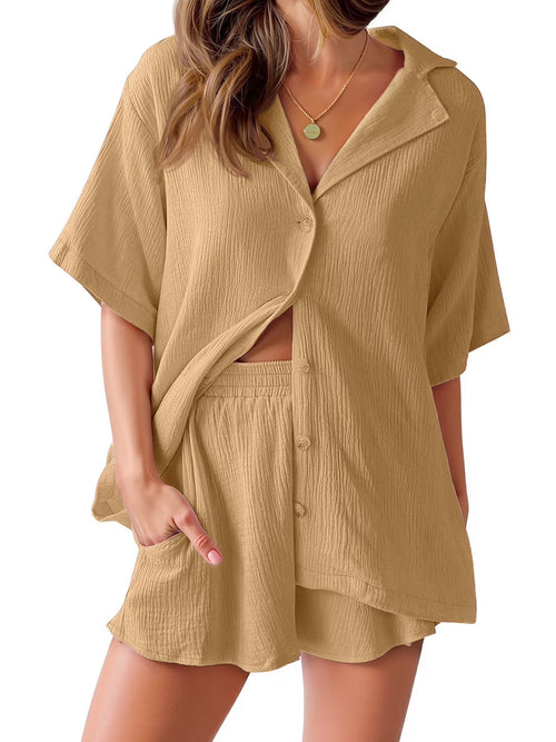 2 Piece Womens Outfit Sets Button down Shirts and Shorts Casual Lounge Sets Short Sleeve Pajamas Sets Summer Loungewear