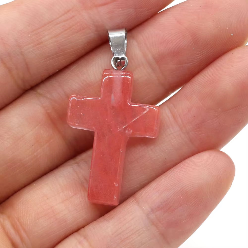 5Pcs Natural Stone Pendant Cross Shape Rose Opal Turquoises Making for Women Jewelry Necklace Reiki Healing Gift