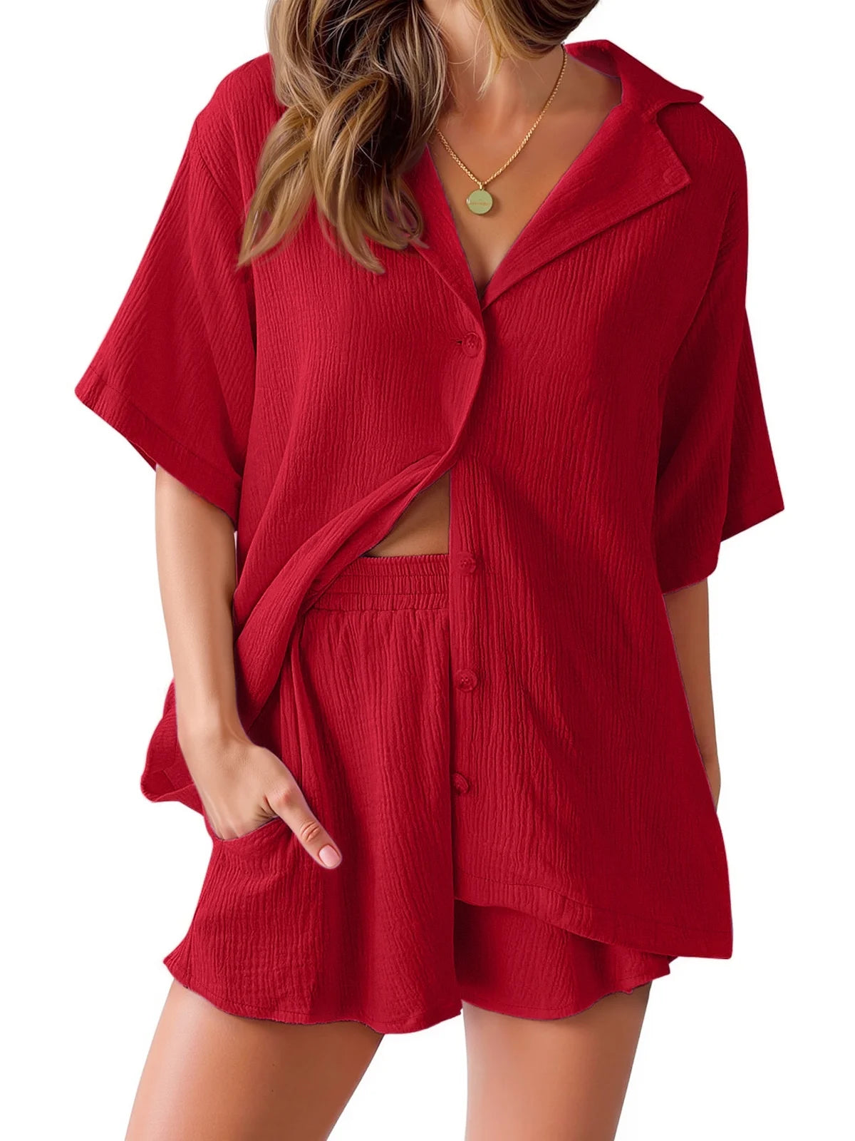 2 Piece Womens Outfit Sets Button down Shirts and Shorts Casual Lounge Sets Short Sleeve Pajamas Sets Summer Loungewear