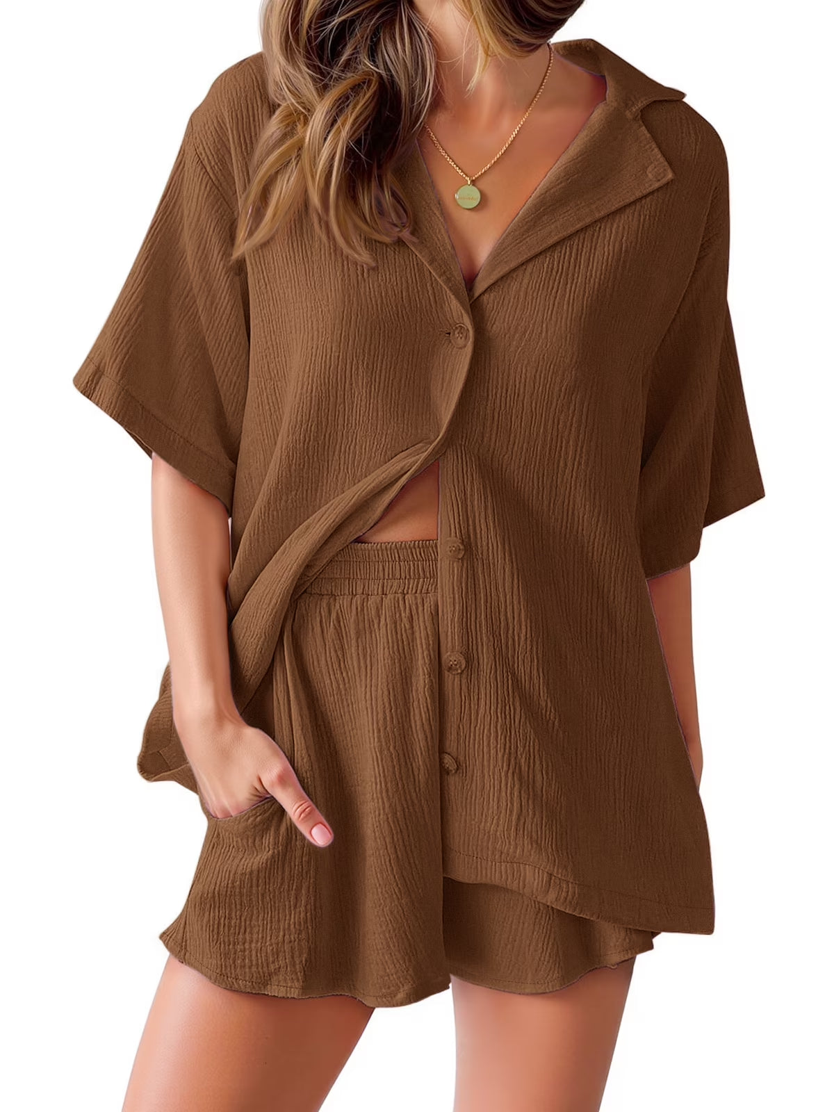 2 Piece Womens Outfit Sets Button down Shirts and Shorts Casual Lounge Sets Short Sleeve Pajamas Sets Summer Loungewear
