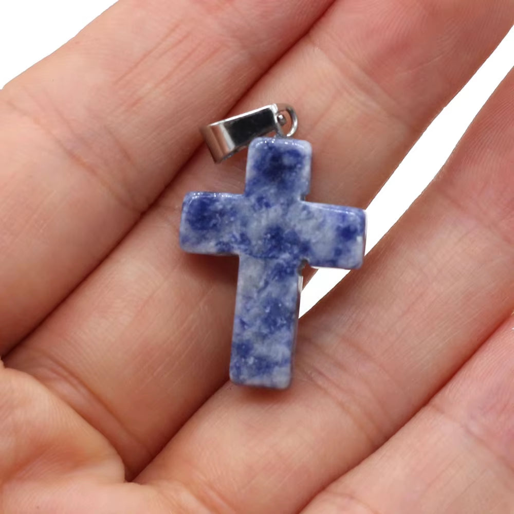 5Pcs Natural Stone Pendant Cross Shape Rose Opal Turquoises Making for Women Jewelry Necklace Reiki Healing Gift