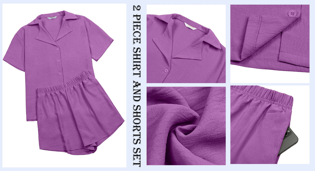 2 Piece Womens Outfit Sets Button down Shirts and Shorts Casual Lounge Sets Short Sleeve Pajamas Sets Summer Loungewear