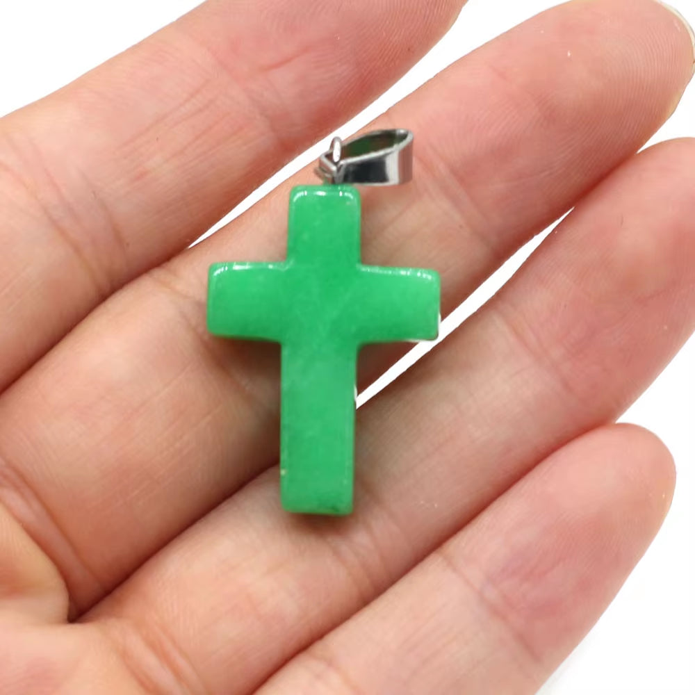 5Pcs Natural Stone Pendant Cross Shape Rose Opal Turquoises Making for Women Jewelry Necklace Reiki Healing Gift