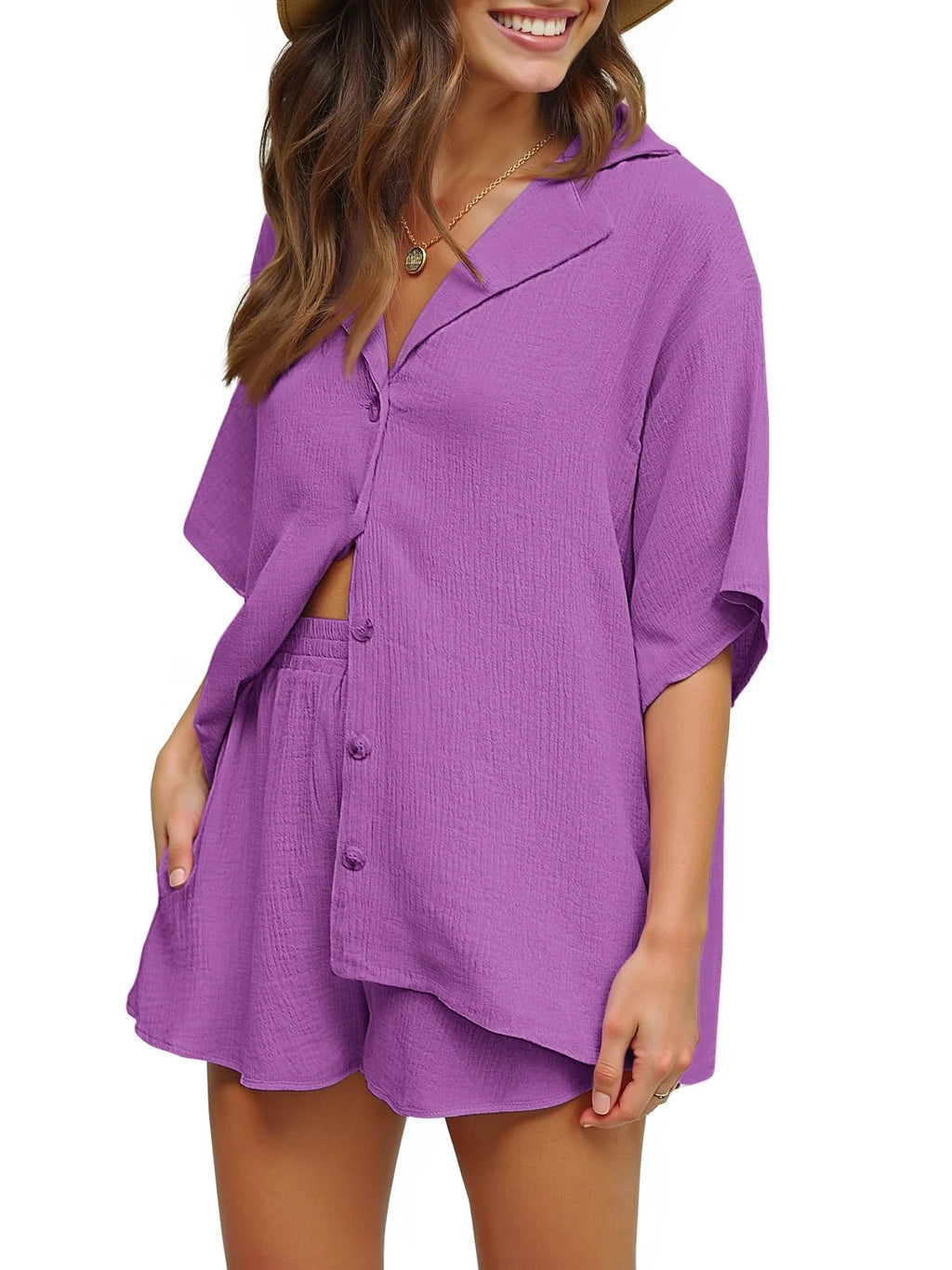 2 Piece Womens Outfit Sets Button down Shirts and Shorts Casual Lounge Sets Short Sleeve Pajamas Sets Summer Loungewear