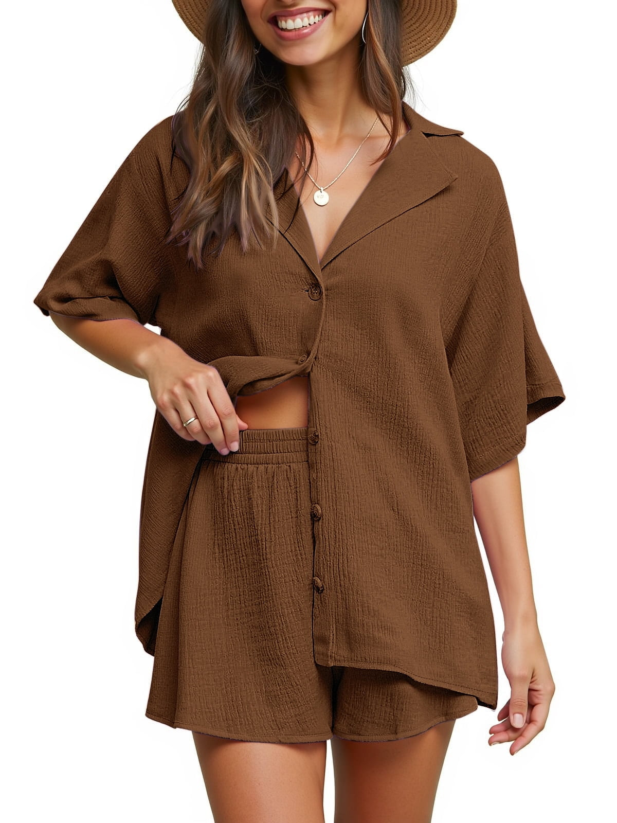 2 Piece Womens Outfit Sets Button down Shirts and Shorts Casual Lounge Sets Short Sleeve Pajamas Sets Summer Loungewear